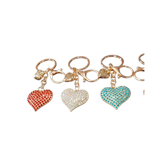 SET Of 6! Dazzling Rhinestone Heart Keychain Purse Charm Gold Tone - Picture 6 of 15